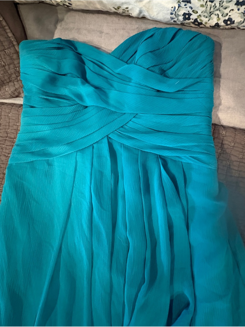 David's Bridal Teal Strapless Pleated Chiffon Gown